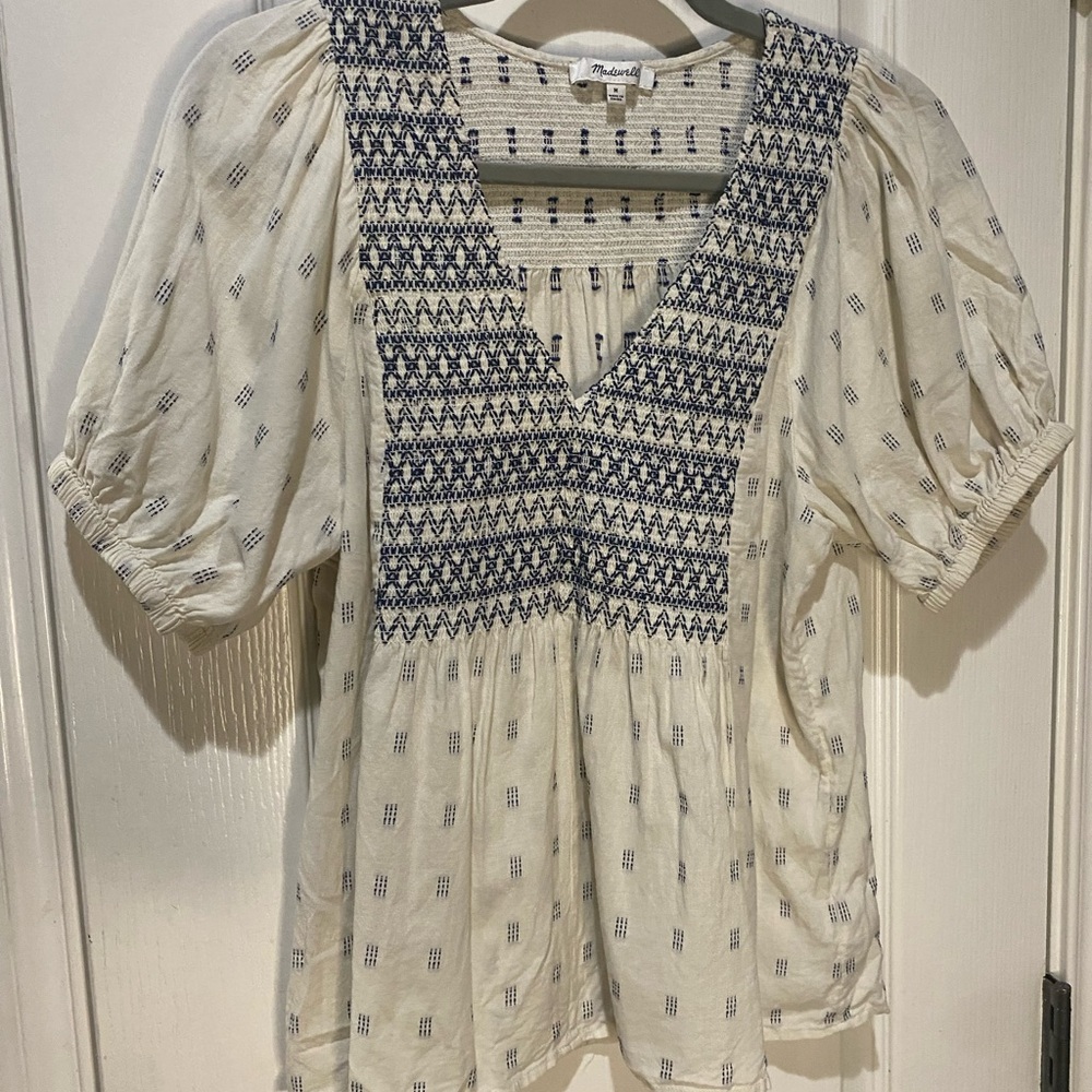 Madewell Navy and Cream Patterned Blouse - Picture 1 of 4
